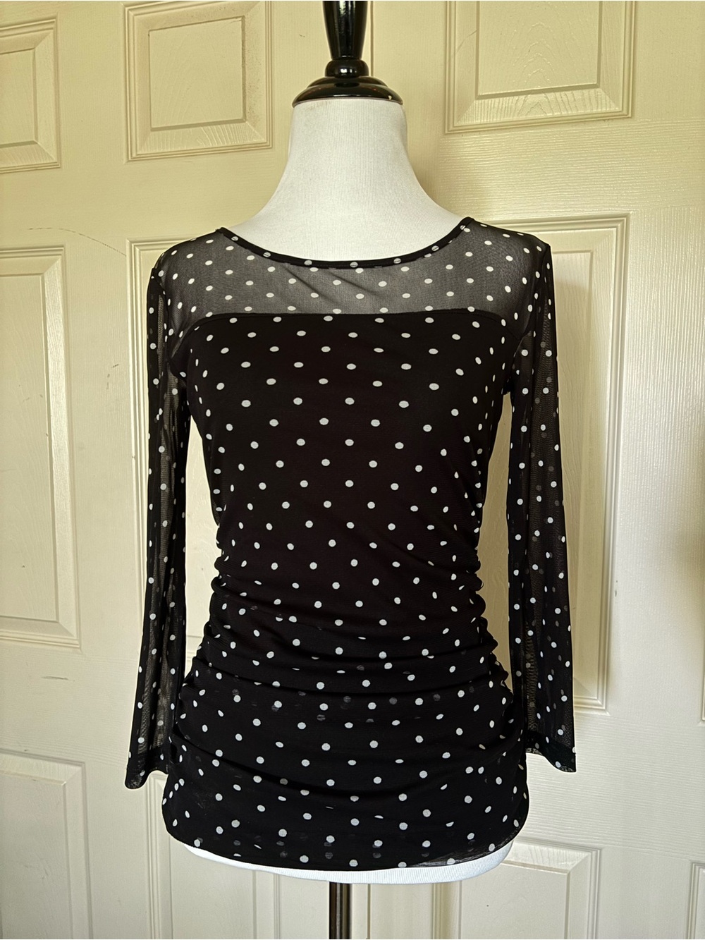 INC International Concepts Black Mesh Polka Dot Long-Sleeve Top